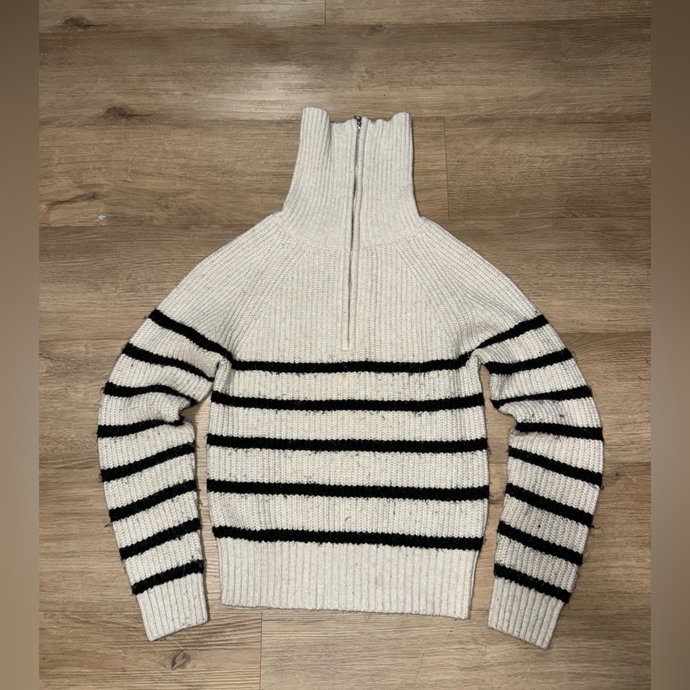 Suzy Shier Black and Cream Striped Cowl Neck Sweater